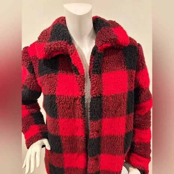Knox Rose Buffalo Check Plaid Sherpa Jacket - Red and Black, Women’s M - Picture 3 of 12